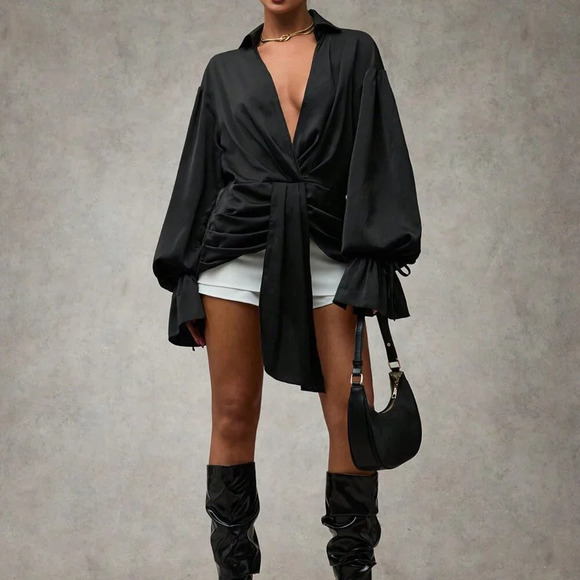 Tops - Black Elegant Women's Asymmetric Cross Wrap Puff Sleeve Shirt